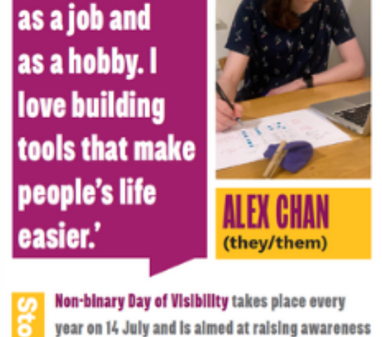 A poster which includes a photo of a person working at their desk, a speech bubble with a quote, and two information boxes.