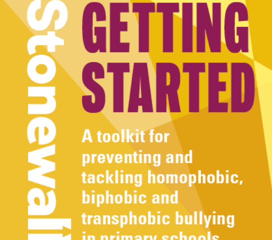 A purple cover page with the Stonewall logo in white down the left hand side and the text 'Getting Started: a toolkit for tackling homophobic, biphobic and transphobic bullying in primary schools' in yellow.
