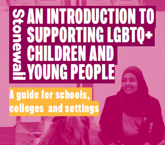 A purple cover page with the Stonewall logo in white down the left hand side and the text 'An Introduction to Supporting LGBTQ+ Children and Young People: a guide for schools and colleges' in white