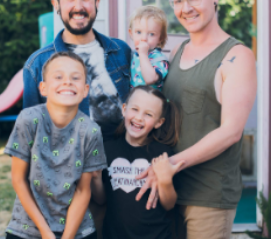 A photo of two dads and their three children.