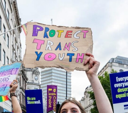 People on a march_holding signs_one says protect trans youth