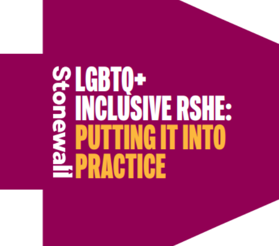 A white and purple resource cover with the title 'LGBTQ+ inclusive RSHE: putting it into practice'