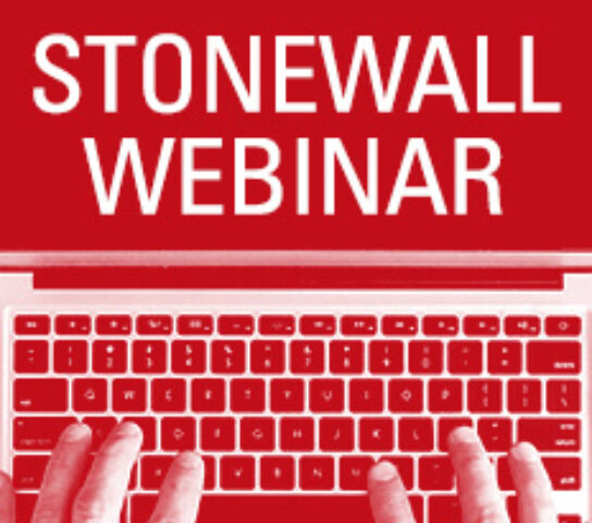 Hands typing on a laptop with the words Stonewall Webinar above them.