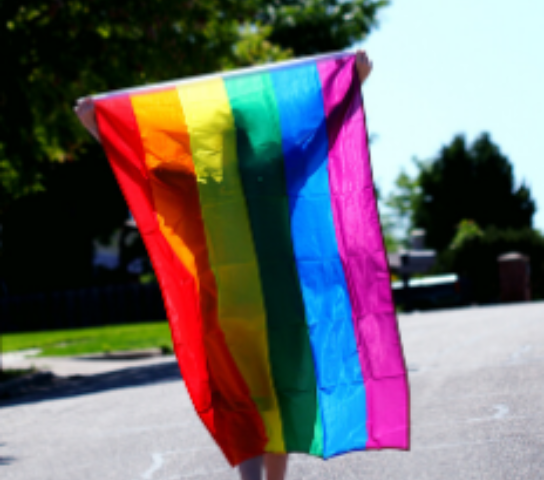 Person holding a rainbow flag.