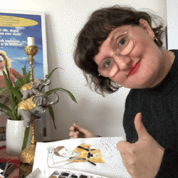 Person looking at a small watercolour painting