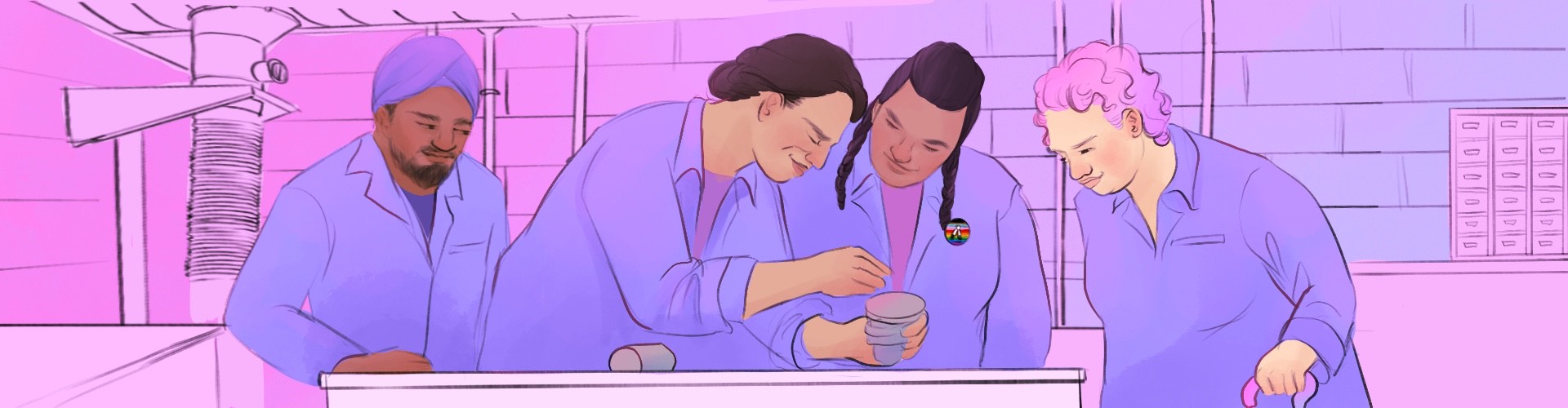 A bright illustration of four LGBTQ+ people in a laboratory. Three young people are being learning a new skill from the teacher.
