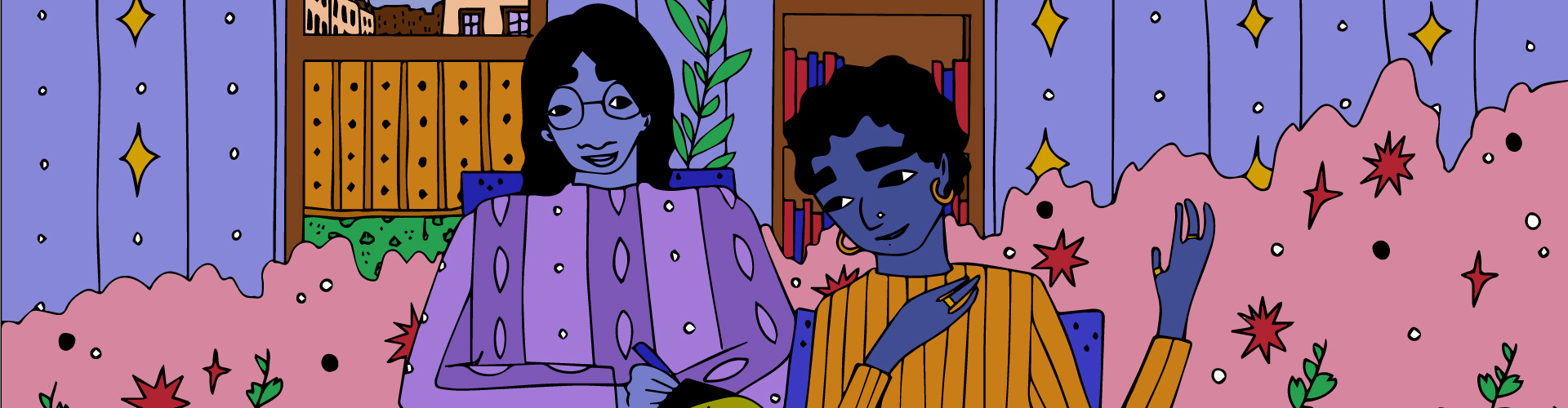 A colourful illustration of a young queer person discussing their mental health openly with a therapist. They are in a safe and colourful environment.