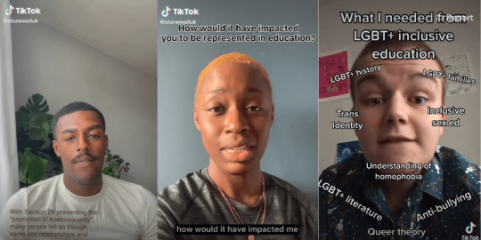 Three screenshots of TikTok videos: two people of colour and one white person speak to camera
