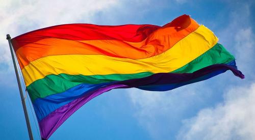 Rainbow flag blowing in breeze