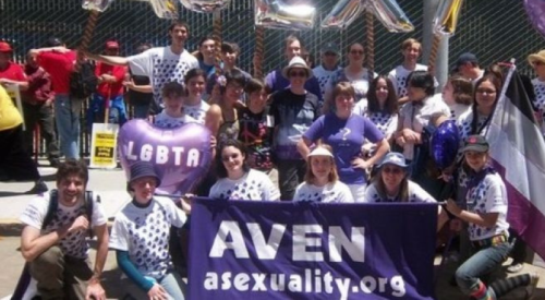 Group of people celebrating on a street with a balloon that says LGBTA and a sign that says AVEN asexuality.org