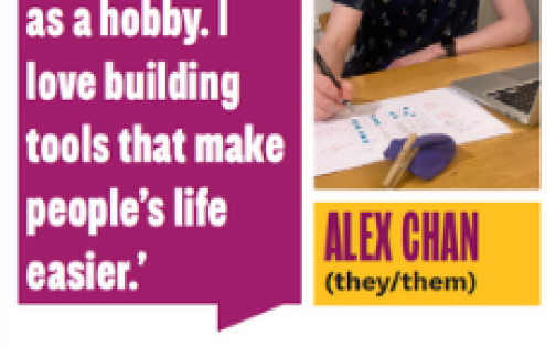 A poster which includes a photo of a person working at their desk, a speech bubble with a quote, and two information boxes