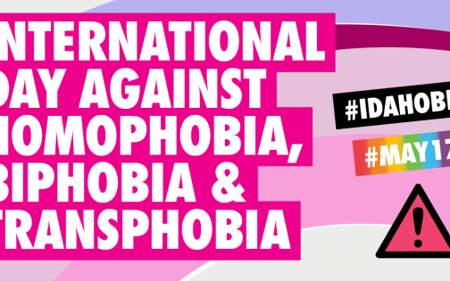 Text reads International Day against Homophobia, Biphobia and Transphobia, May 17, with a graphic of an exclamation mark