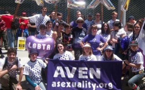 Group of people celebrating on a street with a balloon that says LGBTA and a sign that says AVEN asexuality.org