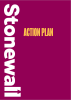Front page of resource which says 'Action Plan' in yellow letters on a maroon background, with the Stonewall logo on the left side.