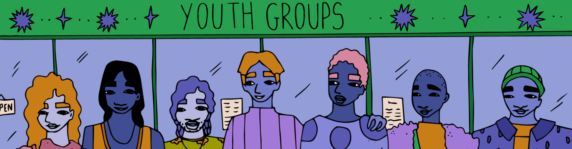 A colourful illustration of a gathering of diverse LGBTQ+ young people. They are standing in front of a youth centre, and they have different gender expressions and ethnicities. They are all smiling and standing close together. 