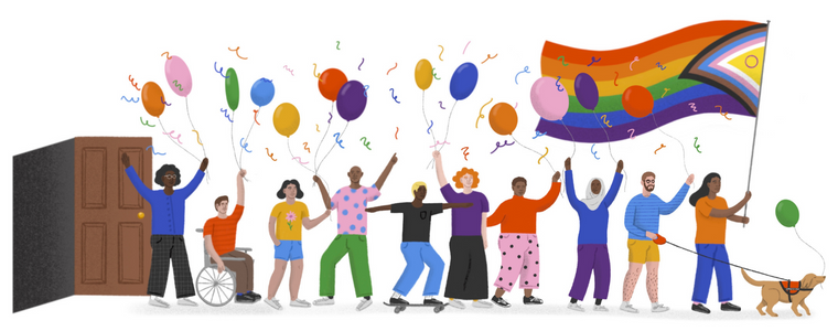 A vibrant and colourful illustration of a diverse group of LGBTQ+ young people holding balloons and a large Pride progress flag. They are all walking away from an open door, celebrating and looking happy